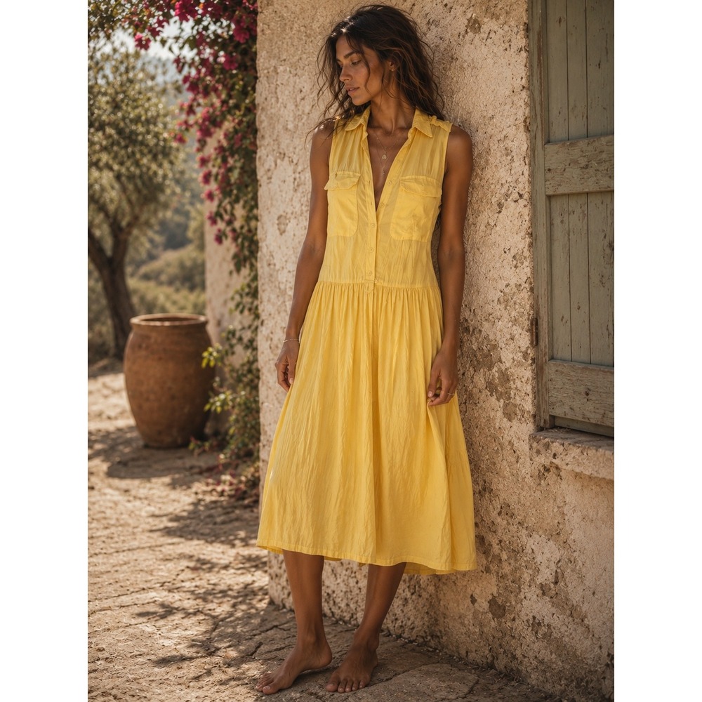 Equipment Femme Yellow Silk Sleeveless Tiered Midi Shirt Dress XS Minimalist